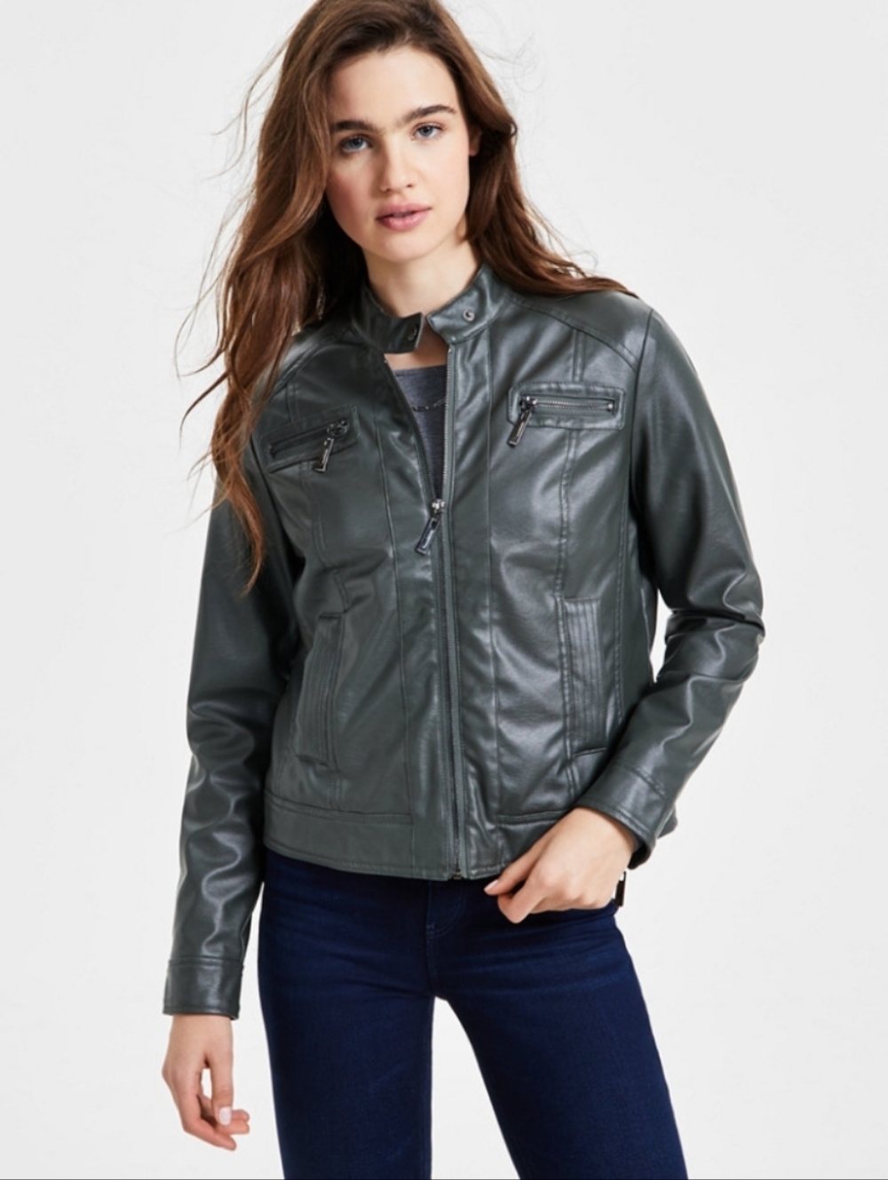 NEW Vegan Leather Punk Moto Jacket in Dark Sage Green Juniors